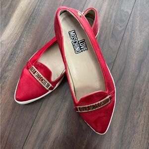 Love Moschino Red Pointed-Toe Logo Strap Flats
